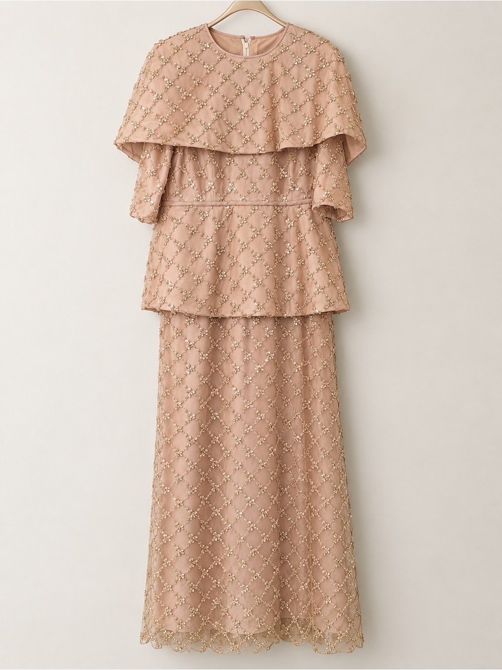 Blush Beaded Cape-Overlay Maxi Dress